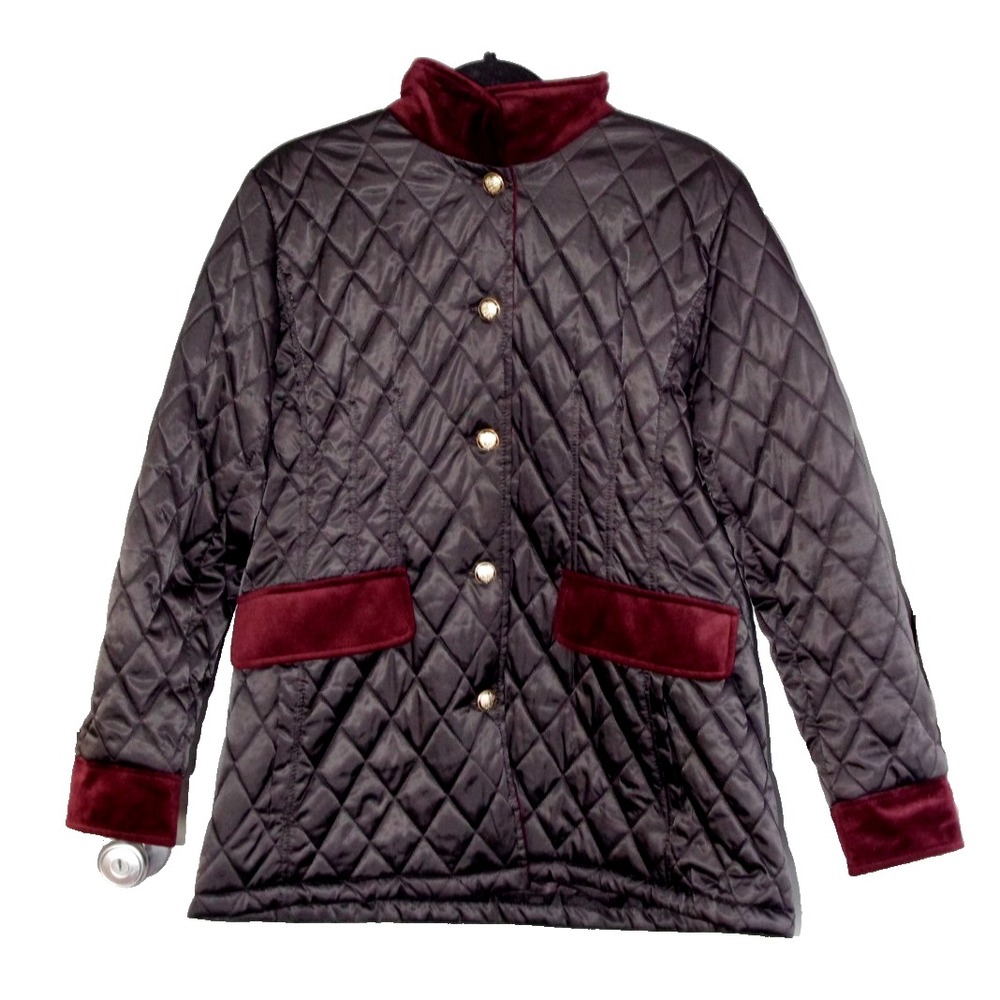 Vince Camuto Black Quilted Long‎ Jacket Burgundy Accent Trim Gold Buttons L